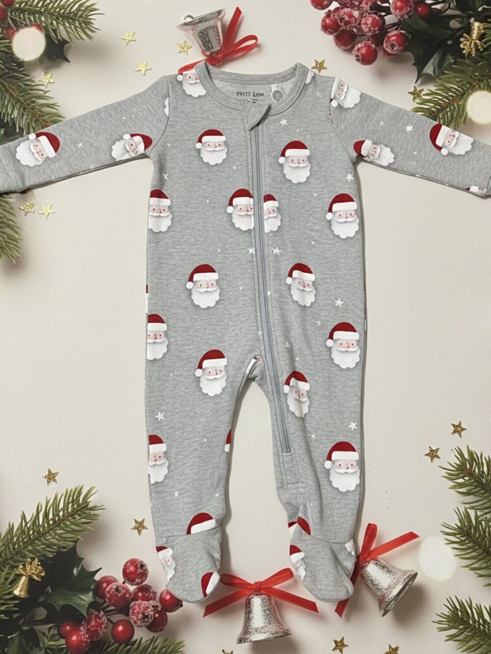 Petit Lem Santa Print Sleeper NWT Newborn NB Heather Grey Christmas Baby